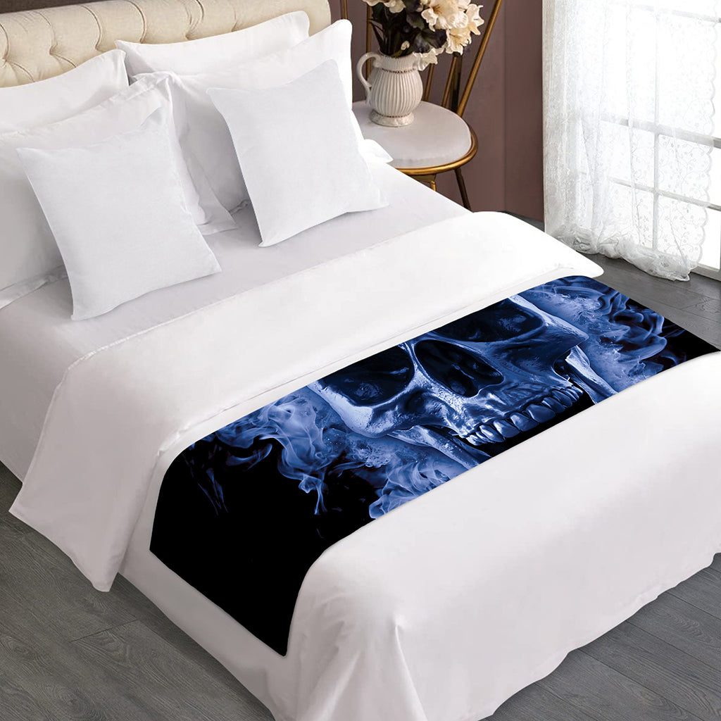Blue Flaming Skull Print Bed Runner