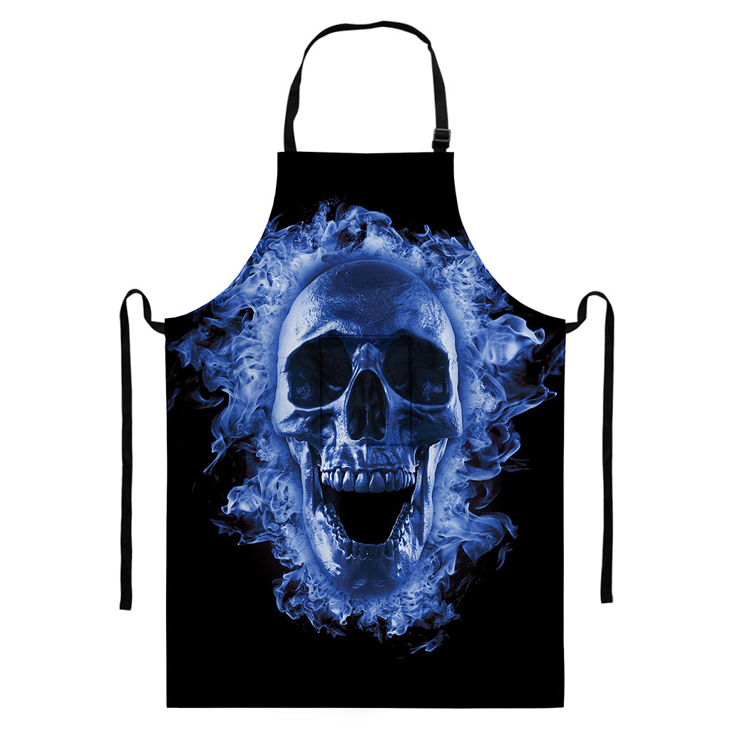 Blue Flaming Skull Print Bib Apron With Pocket