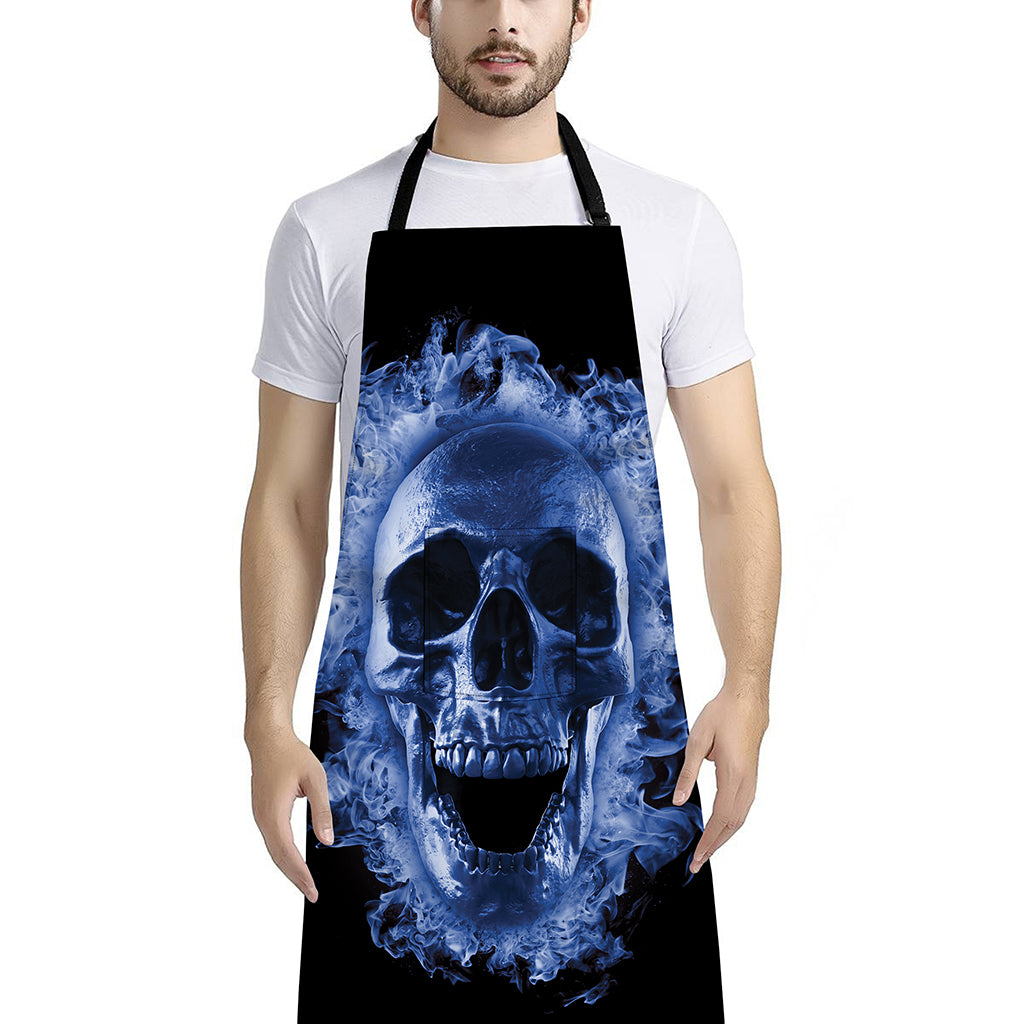 Blue Flaming Skull Print Bib Apron With Pocket