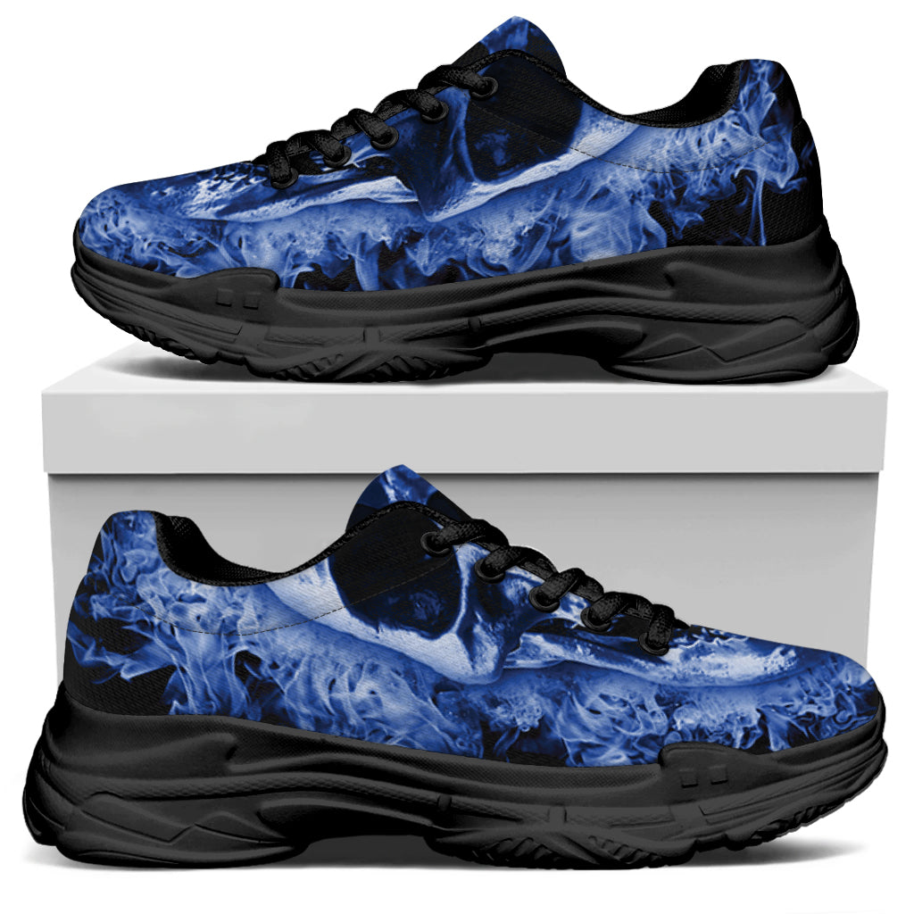 Blue Flaming Skull Print Black Chunky Shoes