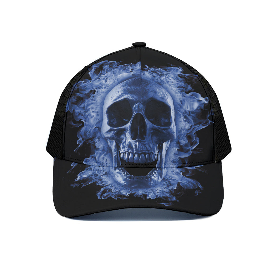 Blue Flaming Skull Print Black Mesh Trucker Cap