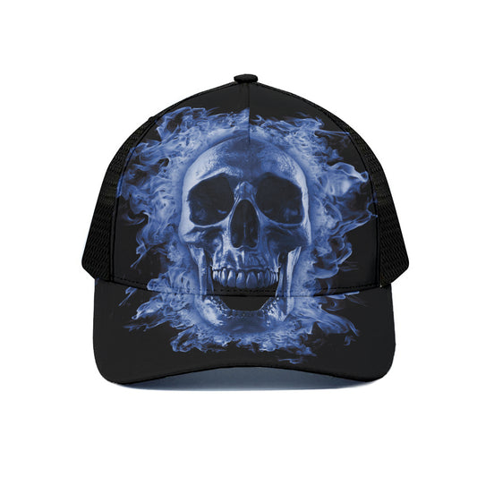 Blue Flaming Skull Print Black Mesh Trucker Cap