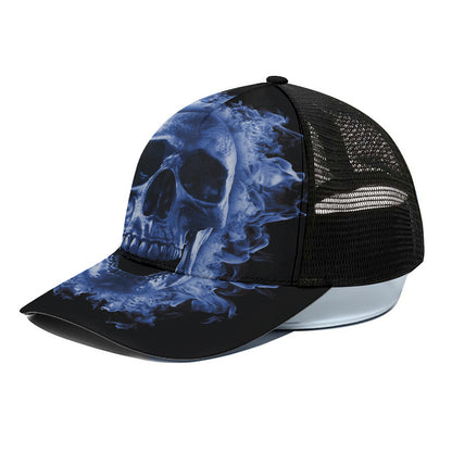 Blue Flaming Skull Print Black Mesh Trucker Cap