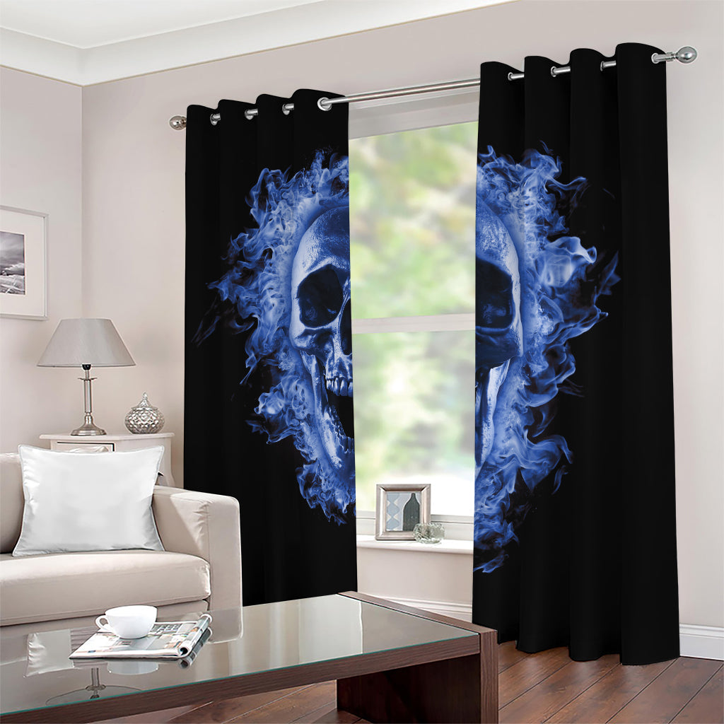 Blue Flaming Skull Print Blackout Grommet Curtains