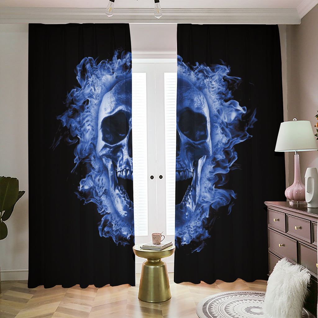 Blue Flaming Skull Print Blackout Pencil Pleat Curtains
