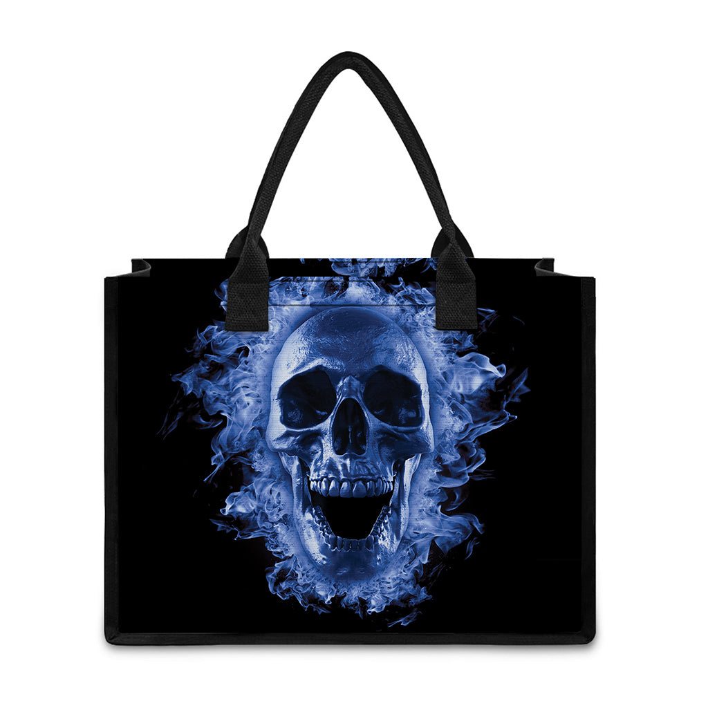 Blue Flaming Skull Print Canvas Tote Bag