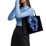 Blue Flaming Skull Print Canvas Tote Bag