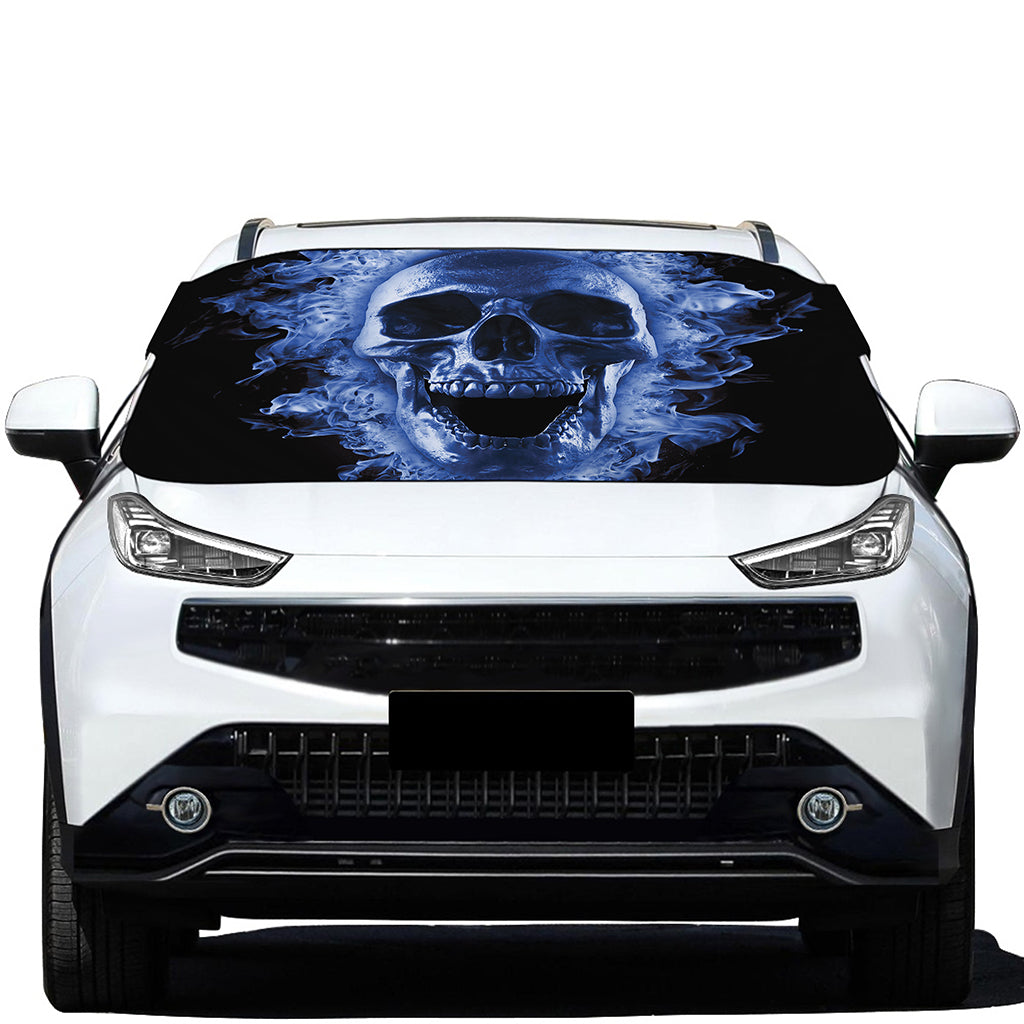 Blue Flaming Skull Print Car Windshield Snow Cover