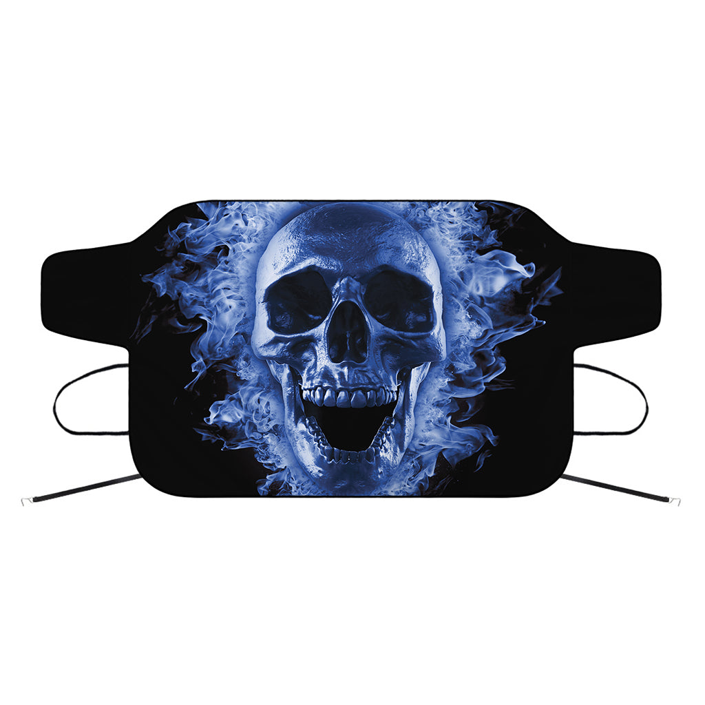 Blue Flaming Skull Print Car Windshield Snow Cover