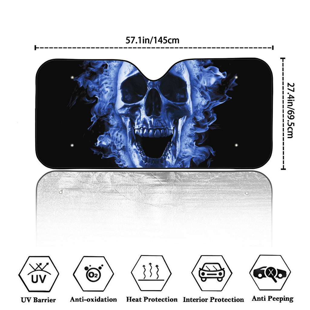 Blue Flaming Skull Print Car Windshield Sun Shade