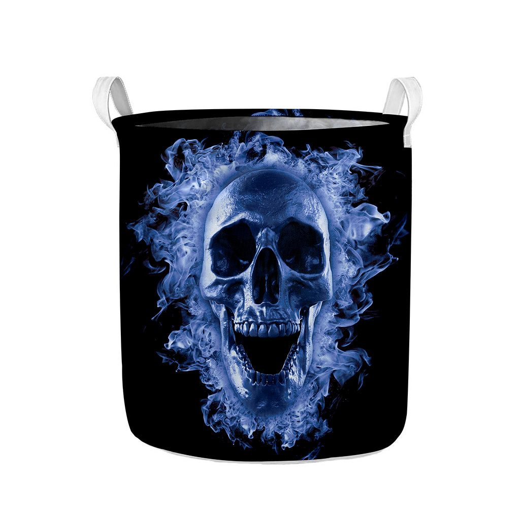 Blue Flaming Skull Print Collapsible Laundry Basket