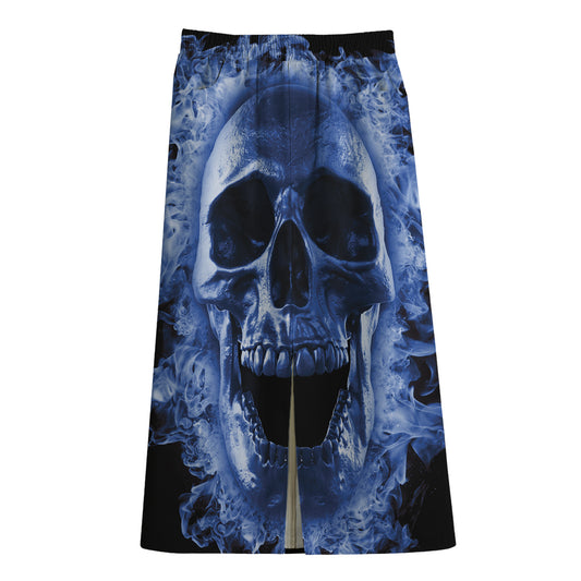 Blue Flaming Skull Print Cotton Front Slit Maxi Skirt