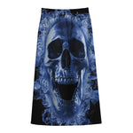 Blue Flaming Skull Print Cotton Front Slit Maxi Skirt