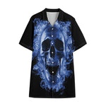 Blue Flaming Skull Print Cotton Hawaiian Shirt