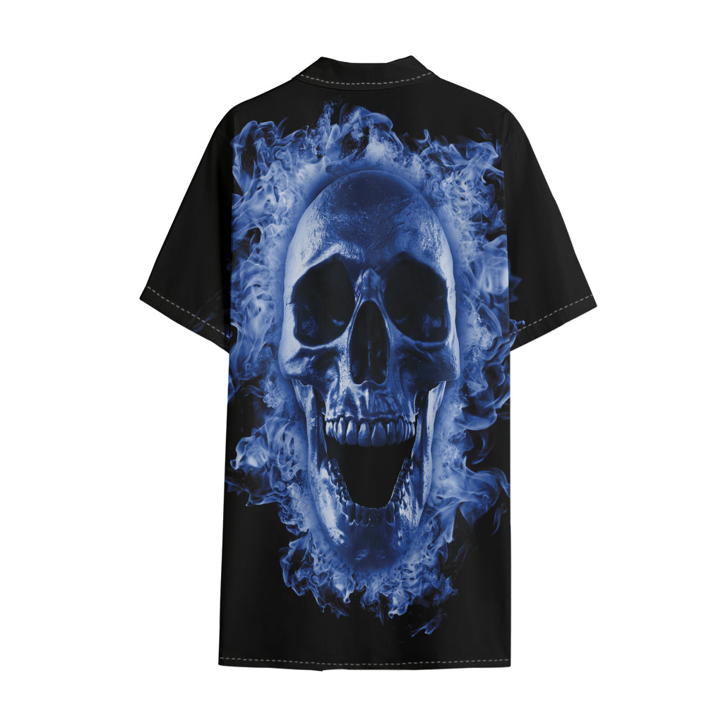 Blue Flaming Skull Print Cotton Hawaiian Shirt