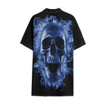 Blue Flaming Skull Print Cotton Hawaiian Shirt
