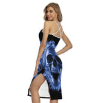 Blue Flaming Skull Print Cross Back Cami Dress