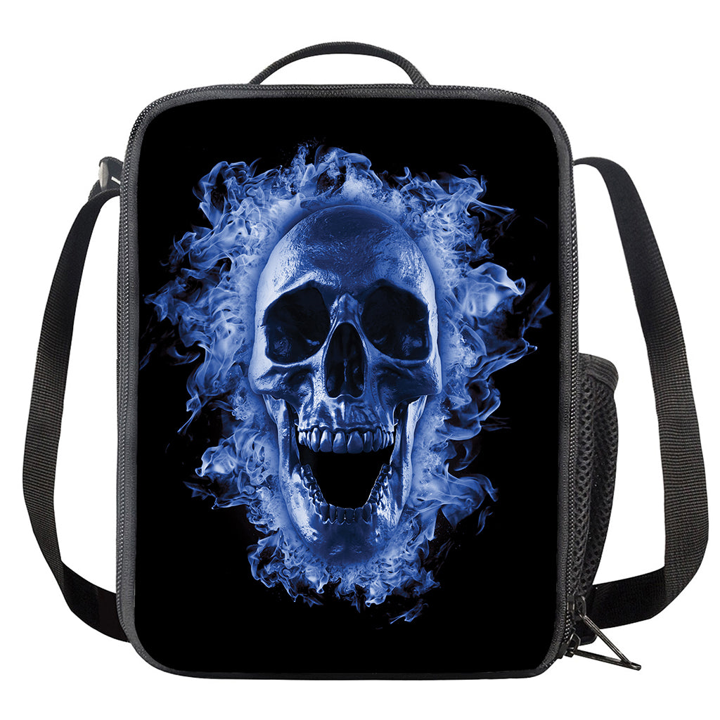 Blue Flaming Skull Print Crossbody Lunch Bag