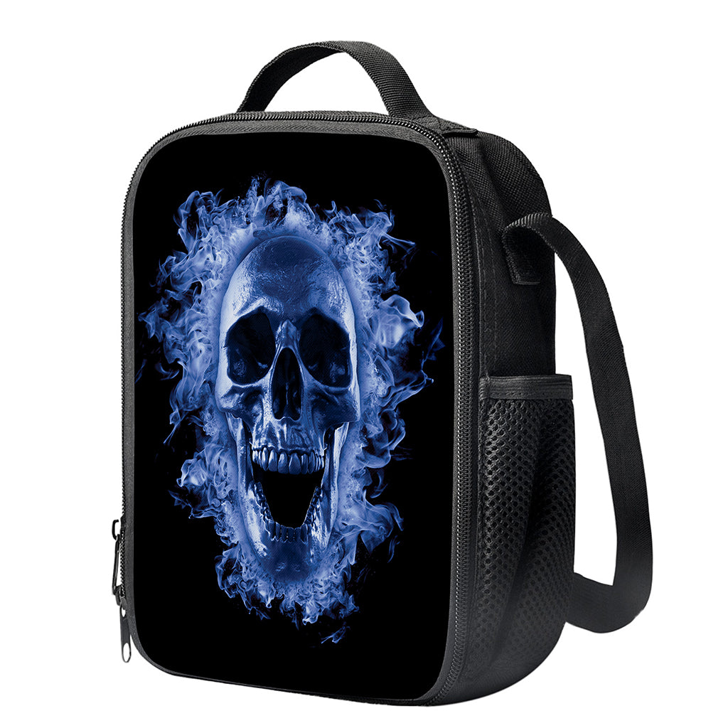 Blue Flaming Skull Print Crossbody Lunch Bag