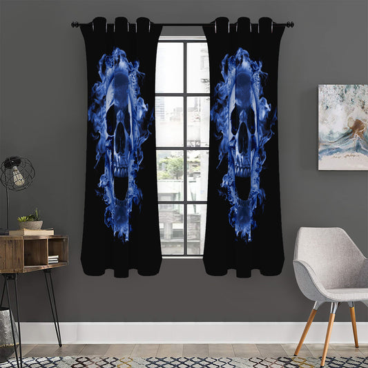 Blue Flaming Skull Print Curtain