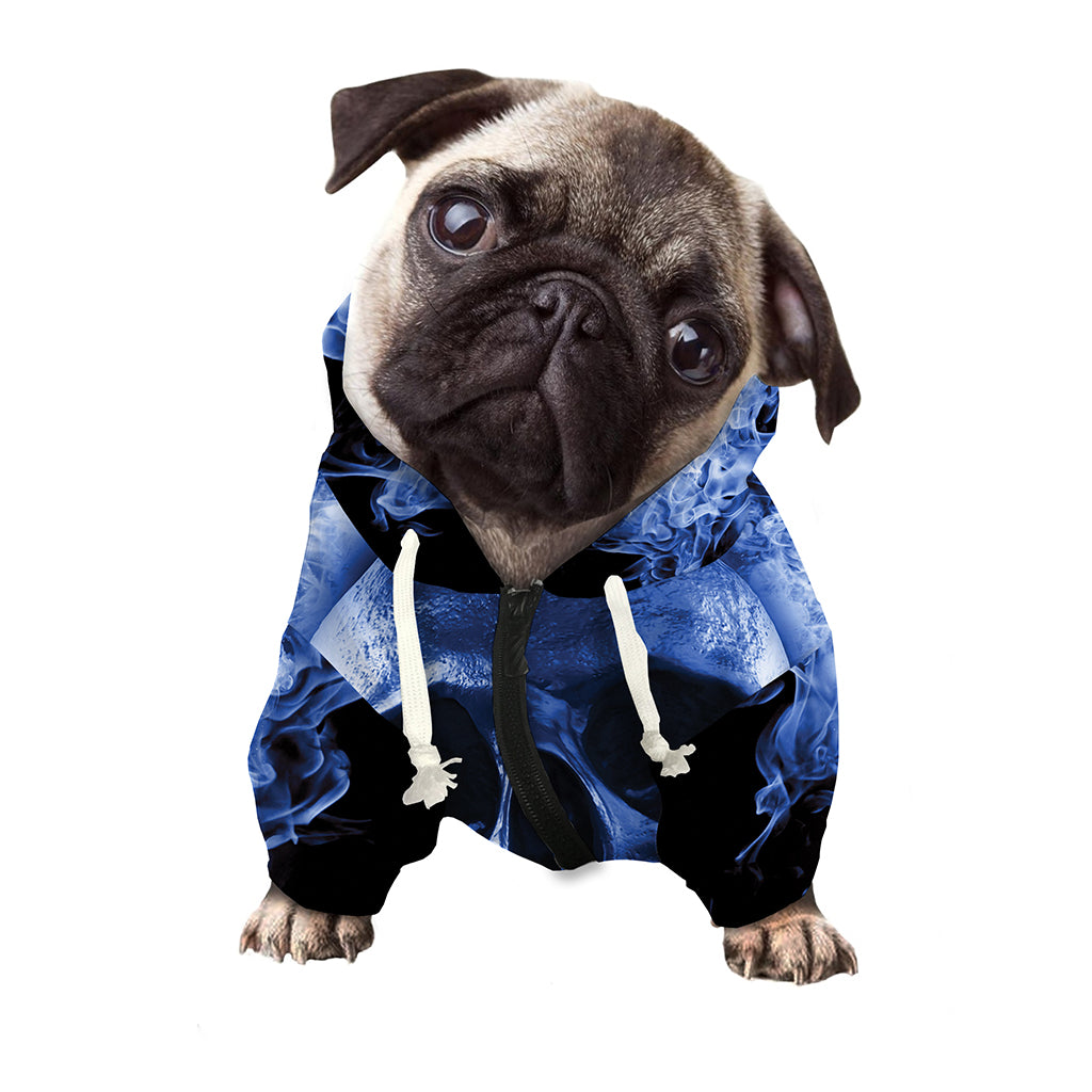 Blue Flaming Skull Print Dog Zip Up Hoodie