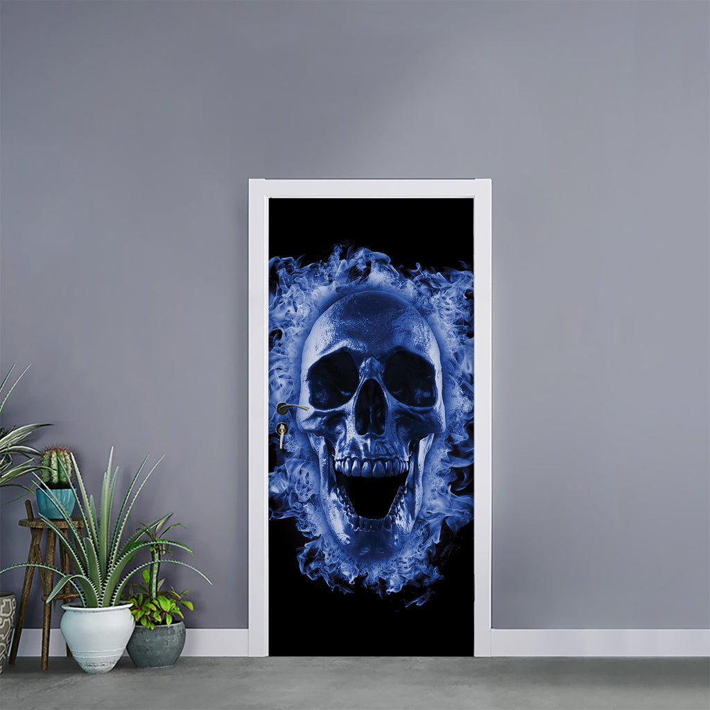 Blue Flaming Skull Print Door Sticker