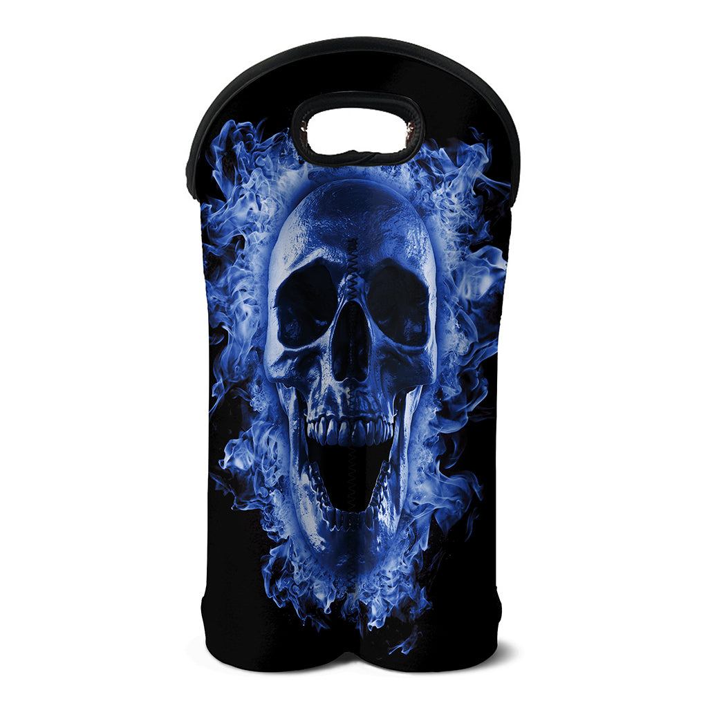 Blue Flaming Skull Print Double Neoprene Wine Tote