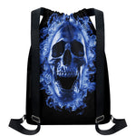 Blue Flaming Skull Print Drawstring Backpack