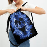 Blue Flaming Skull Print Drawstring Backpack