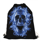 Blue Flaming Skull Print Drawstring Bag