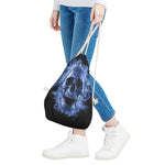 Blue Flaming Skull Print Drawstring Bag