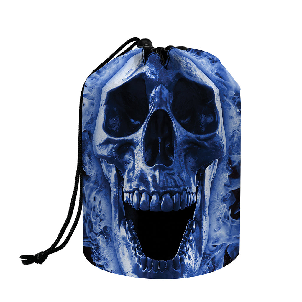 Blue Flaming Skull Print Drawstring Makeup Bag