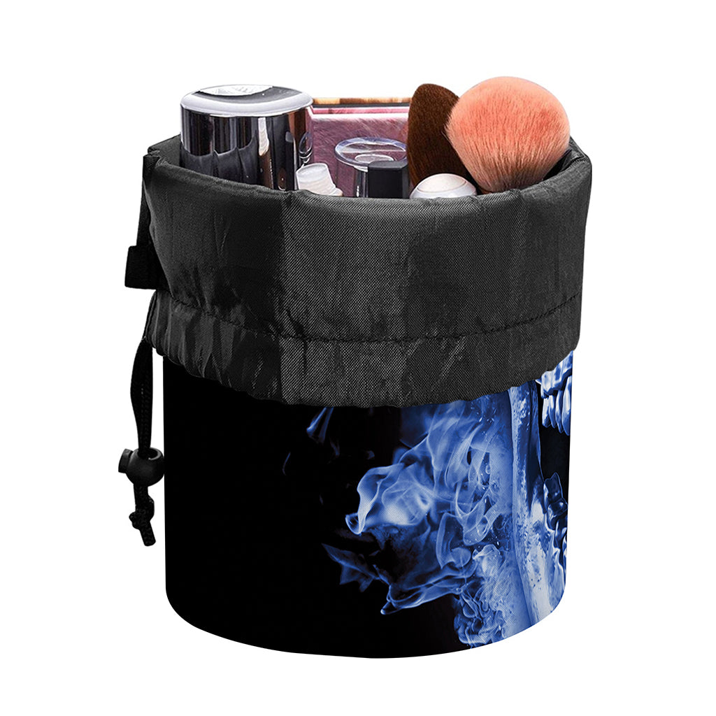 Blue Flaming Skull Print Drawstring Makeup Bag