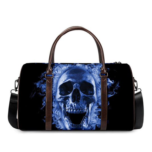 Blue Flaming Skull Print Duffle Bag