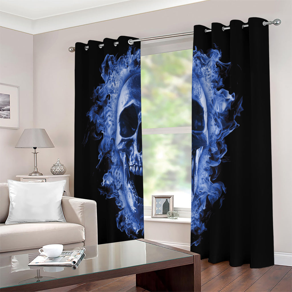 Blue Flaming Skull Print Extra Wide Grommet Curtains