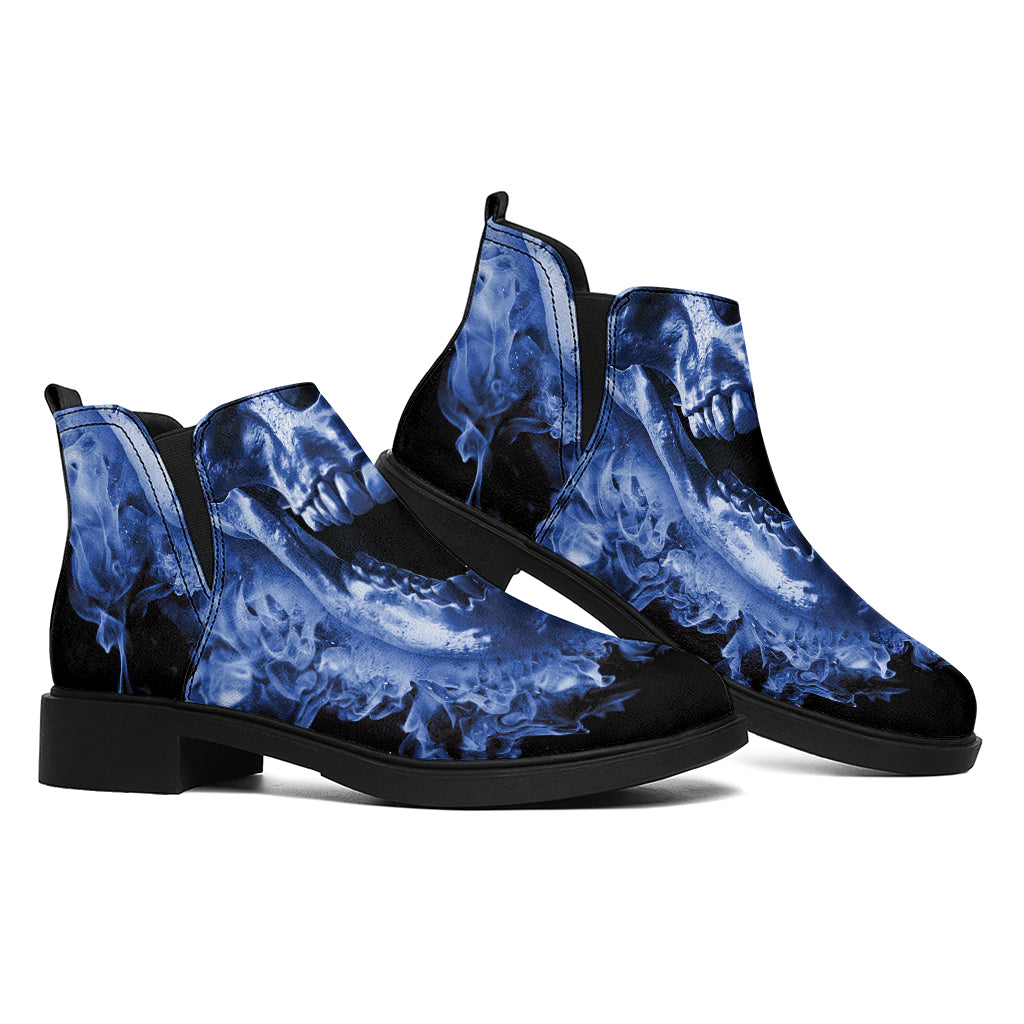 Blue Flaming Skull Print Flat Ankle Boots