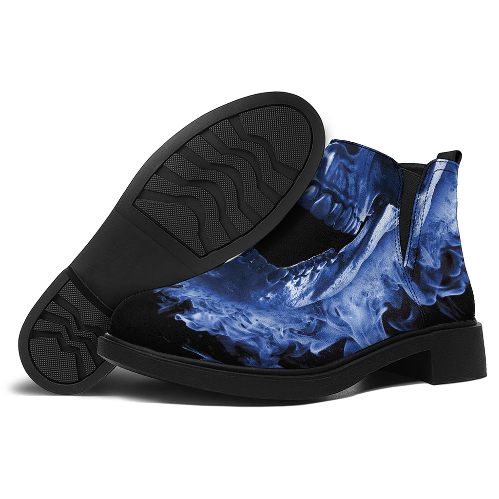 Blue Flaming Skull Print Flat Ankle Boots