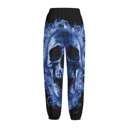 Blue Flaming Skull Print Fleece Lined Knit Pants