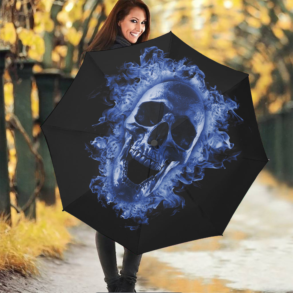 Blue Flaming Skull Print Foldable Umbrella