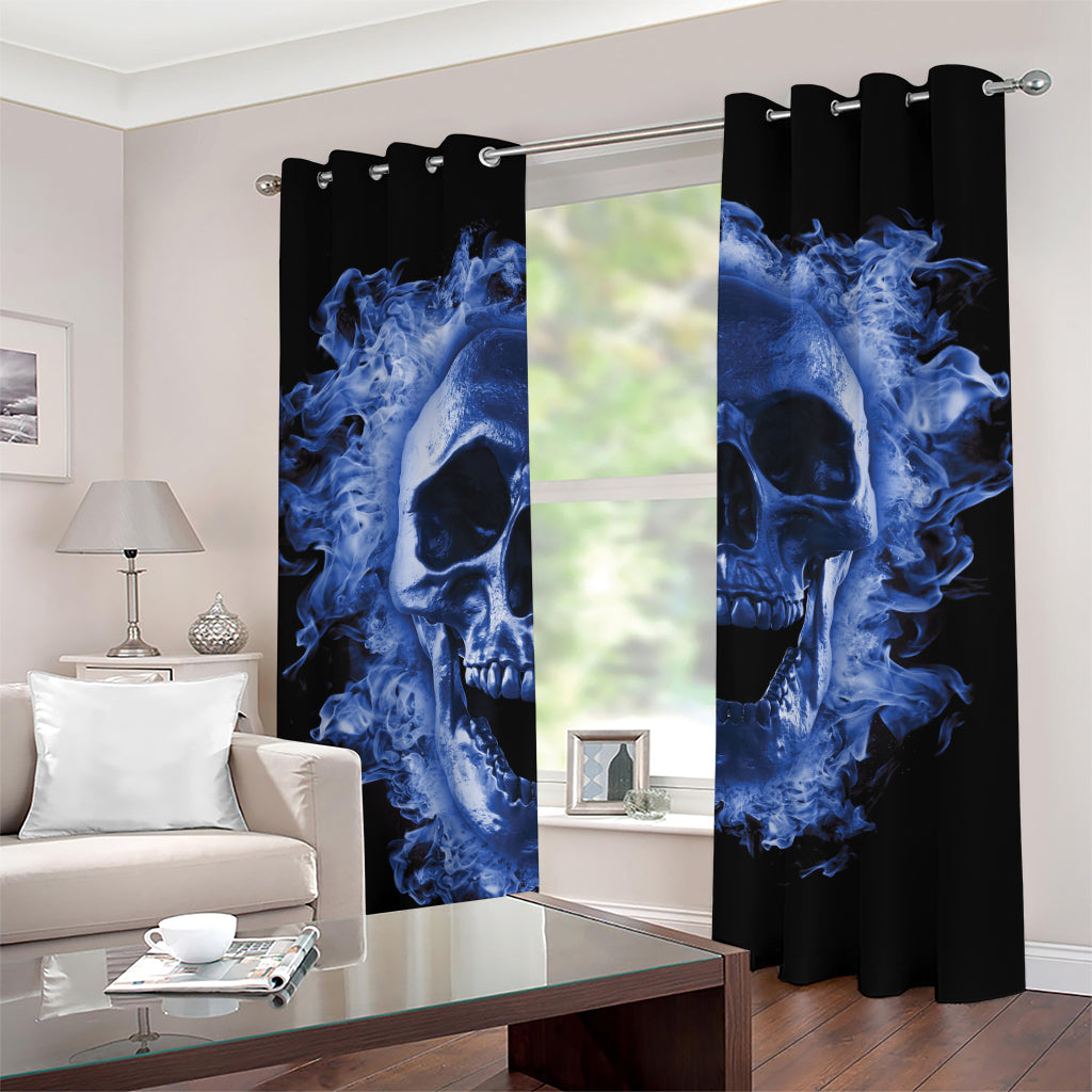 Blue Flaming Skull Print Grommet Curtains