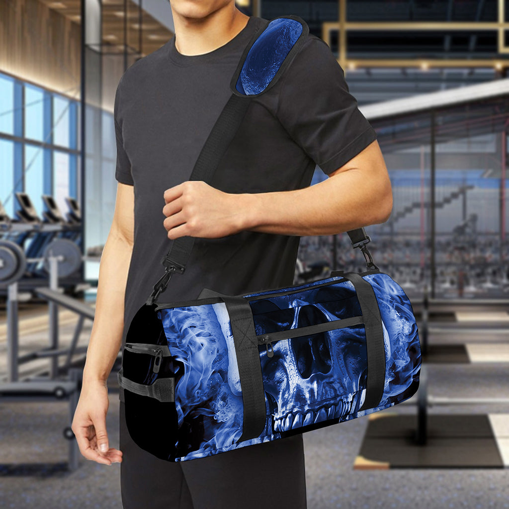 Blue Flaming Skull Print Gym Bag
