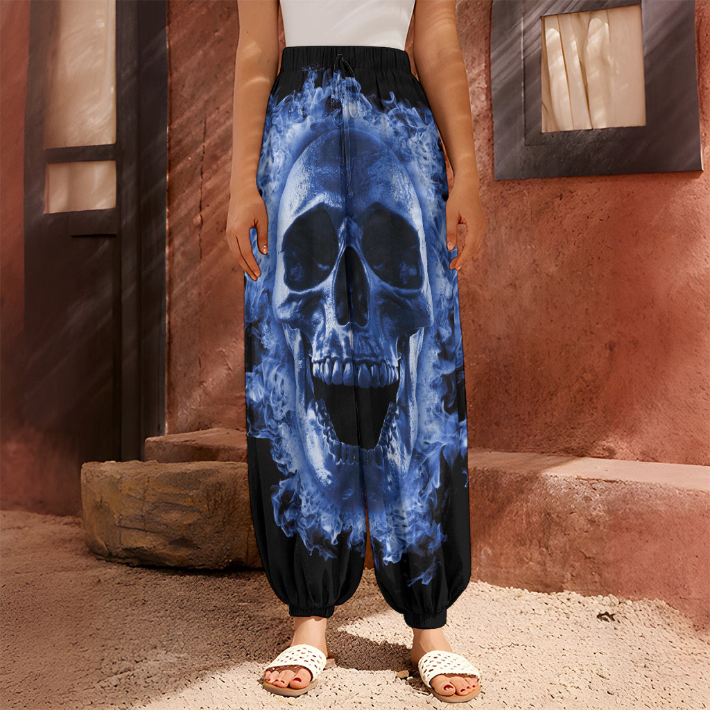 Blue Flaming Skull Print Harem Pants