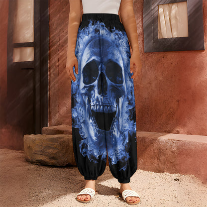 Blue Flaming Skull Print Harem Pants