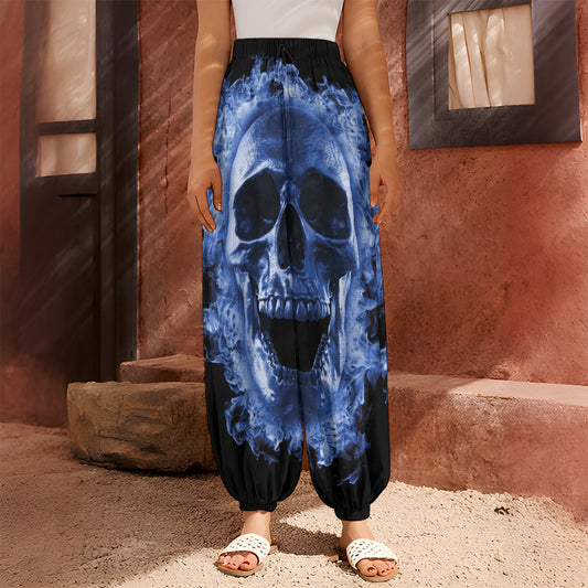 Blue Flaming Skull Print Harem Pants
