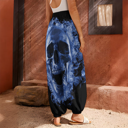 Blue Flaming Skull Print Harem Pants