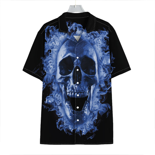 Blue Flaming Skull Print Hawaiian Shirt