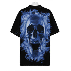 Blue Flaming Skull Print Hawaiian Shirt
