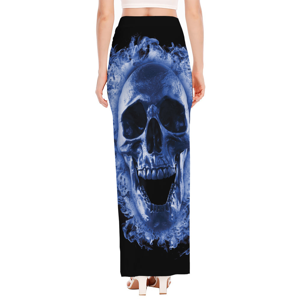 Blue Flaming Skull Print High Slit Maxi Skirt
