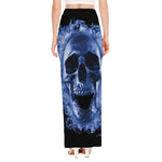 Blue Flaming Skull Print High Slit Maxi Skirt