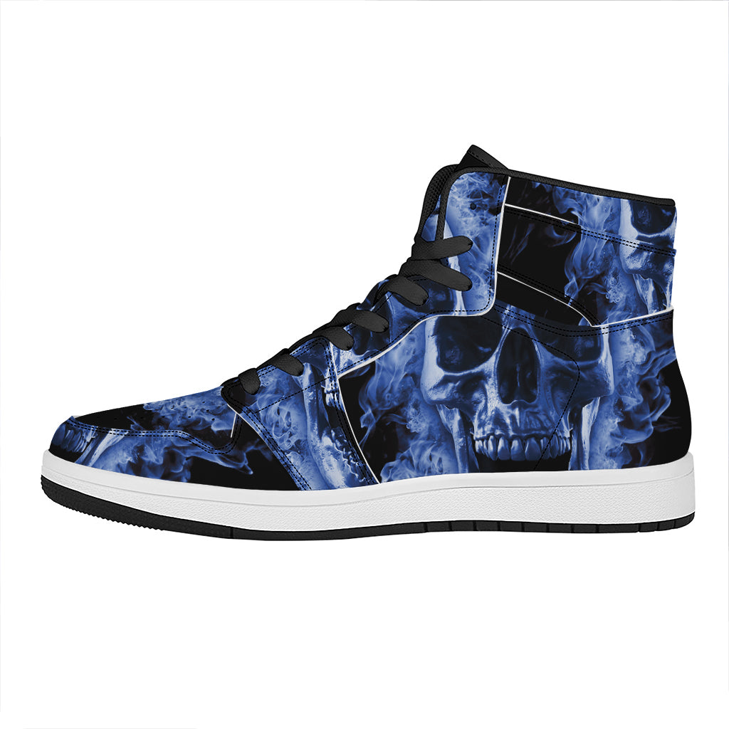 Blue Flaming Skull Print High Top Leather Sneakers